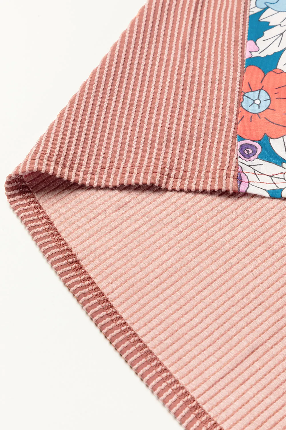 Printed Floral Contrast Colorblock Ribbed Top