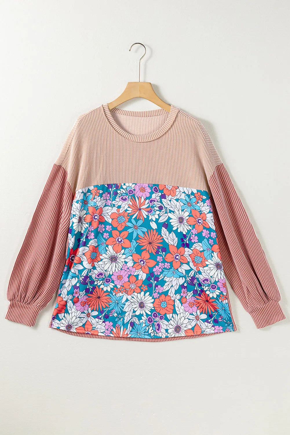 Printed Floral Contrast Colorblock Ribbed Top
