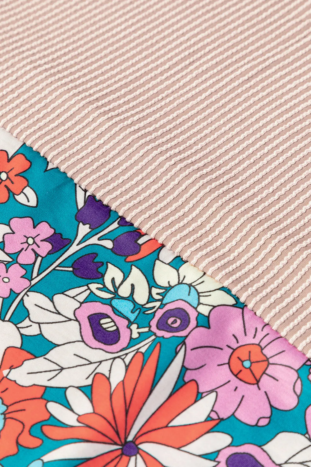 Printed Floral Contrast Colorblock Ribbed Top