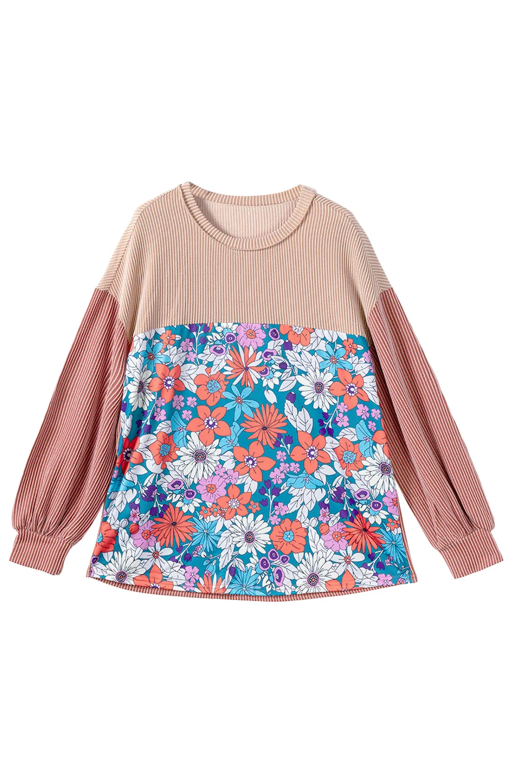 Printed Floral Contrast Colorblock Ribbed Top