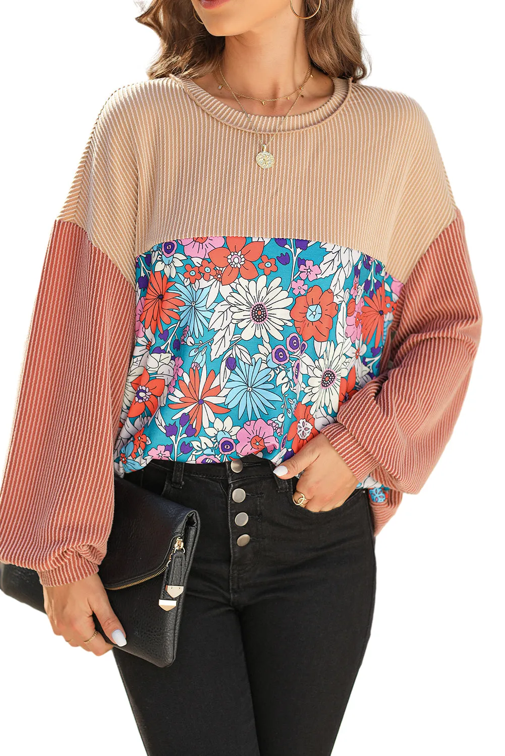 Printed Floral Contrast Colorblock Ribbed Top