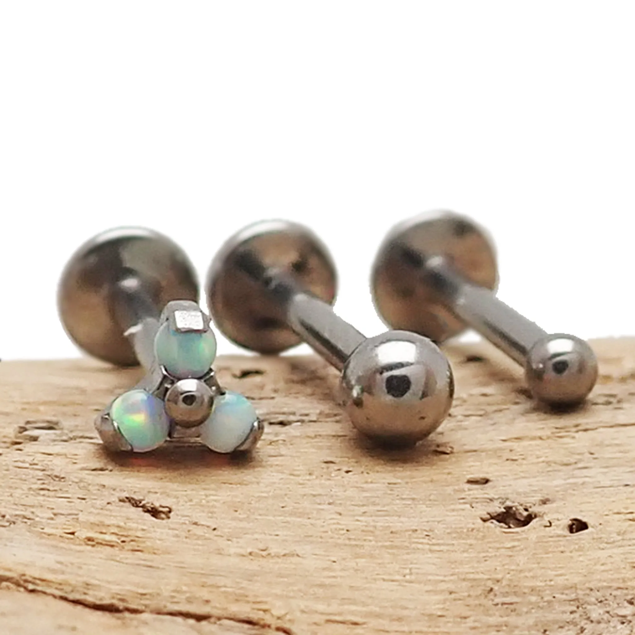 Push Fit Trio Opalite White & Titanium Balls Flatback Piercing 20g, 18g, 16g, 14g