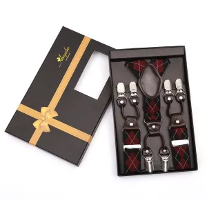 Red Black Check Strap Dual Clip On Elastic suspenders for Men - Adjustable Y Straps For Work Pants