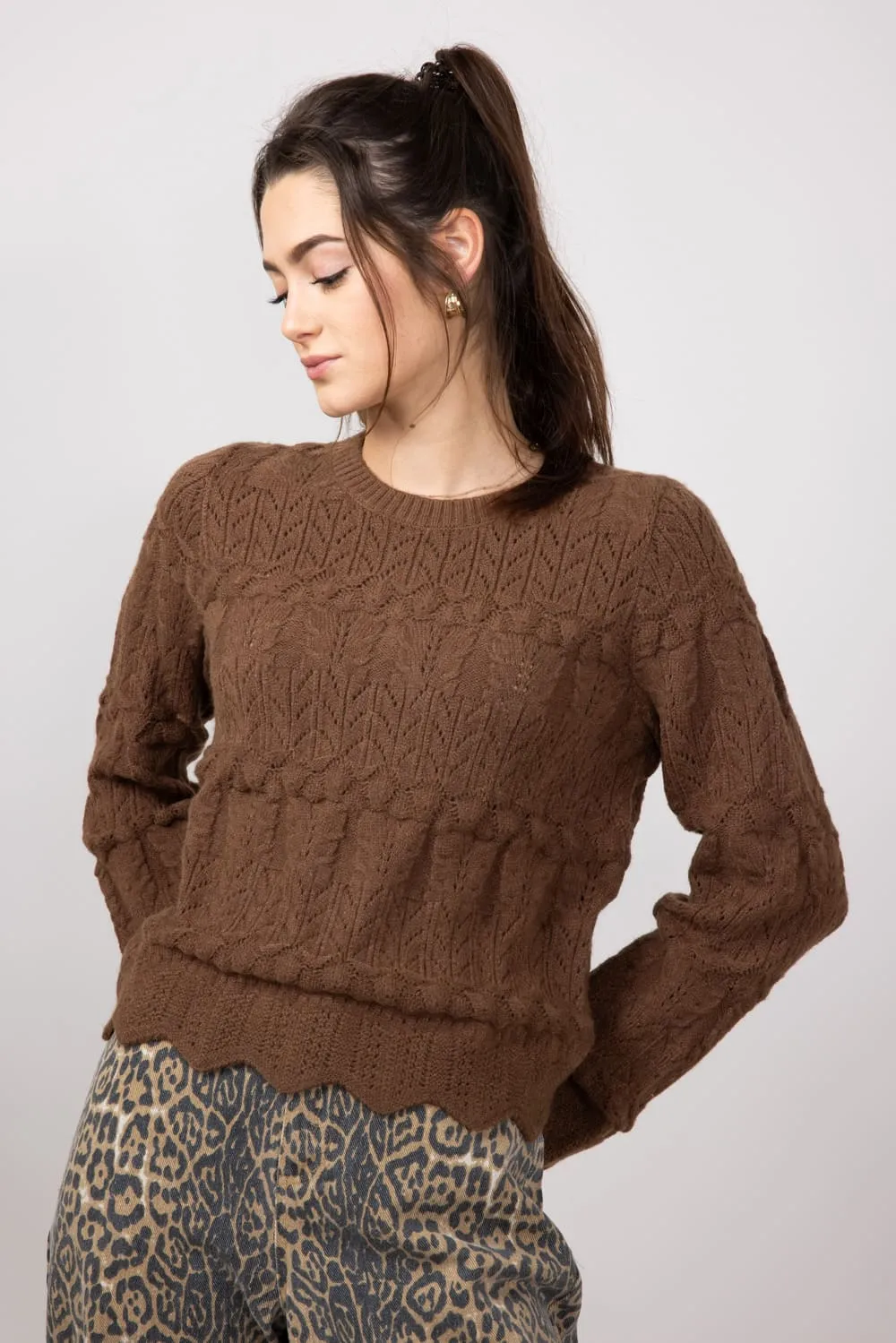 Scallop Edged Sweater for Women in Brown | MAS2875-BROWN