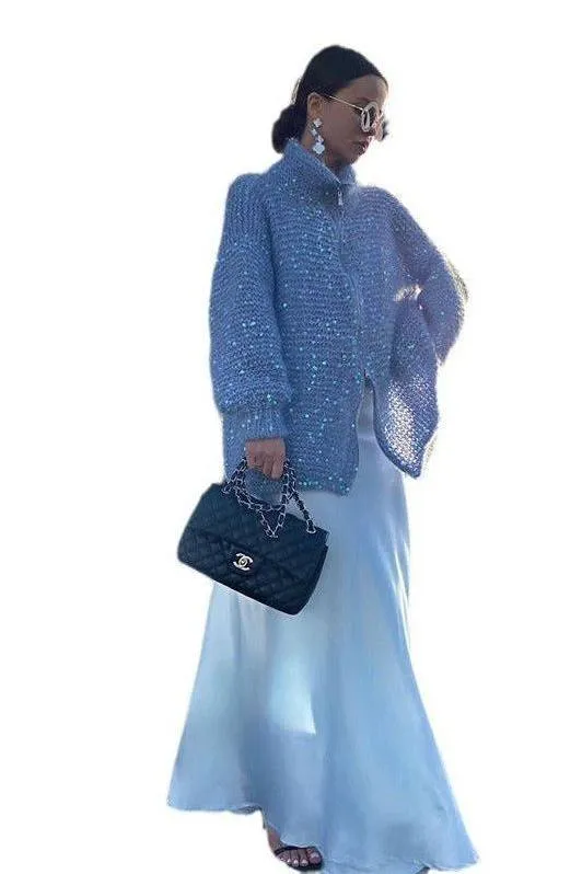 Sequined lazy style sweater jacket