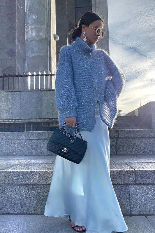 Sequined lazy style sweater jacket