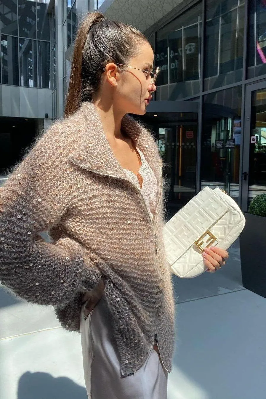 Sequined lazy style sweater jacket