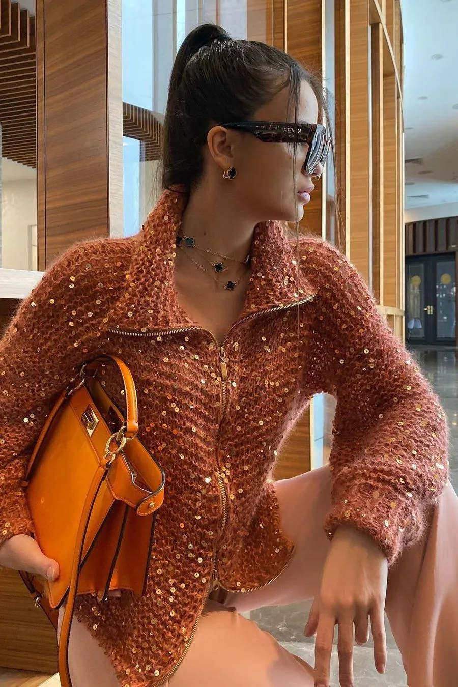 Sequined lazy style sweater jacket