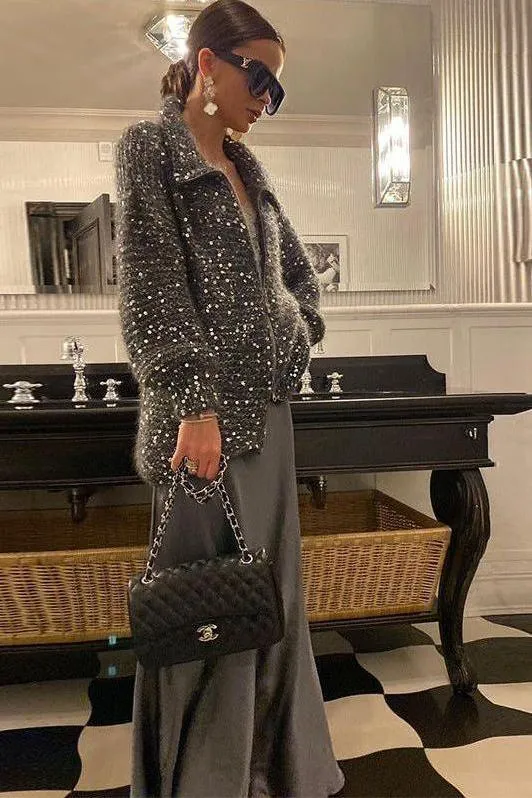 Sequined lazy style sweater jacket
