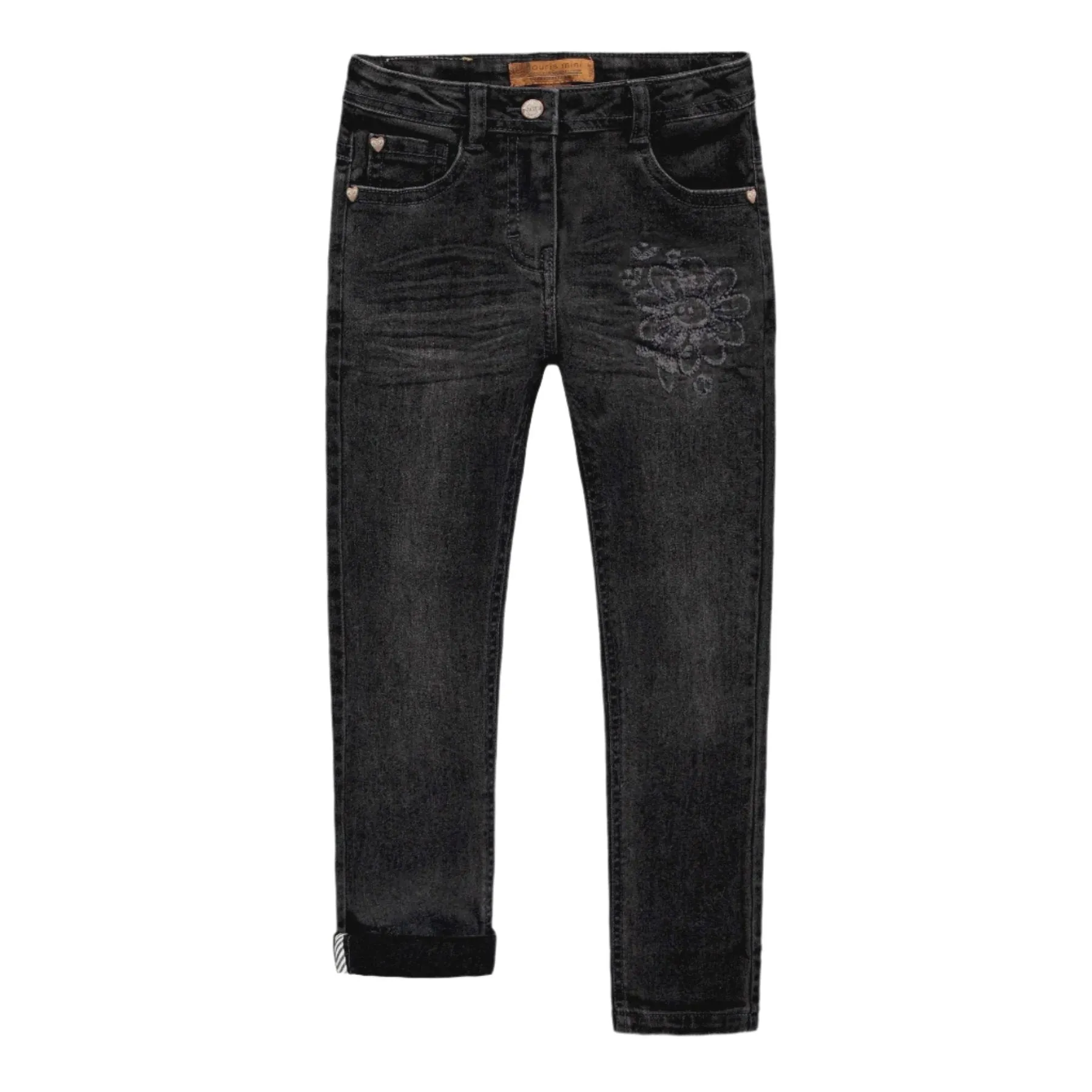 Souris Mini Black Slim Fit Embroidered Denim Pants- Child
