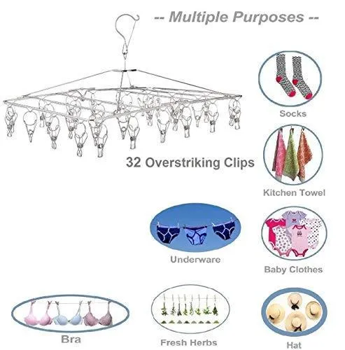 Stainless Steel Hanging Drying Rack– Collapsible Portable Clip and Drip Hanger with 32 Overstriking Wire Clothespins For Drying Clothing Towels/Diapers/ Underwear/ Socks
