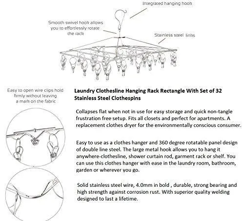 Stainless Steel Hanging Drying Rack– Collapsible Portable Clip and Drip Hanger with 32 Overstriking Wire Clothespins For Drying Clothing Towels/Diapers/ Underwear/ Socks