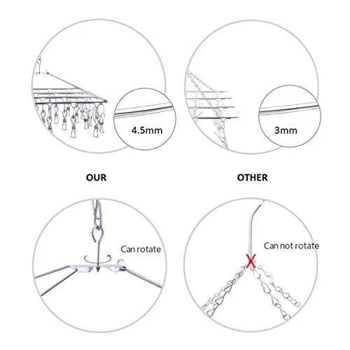 Stainless Steel Hanging Drying Rack– Collapsible Portable Clip and Drip Hanger with 32 Overstriking Wire Clothespins For Drying Clothing Towels/Diapers/ Underwear/ Socks