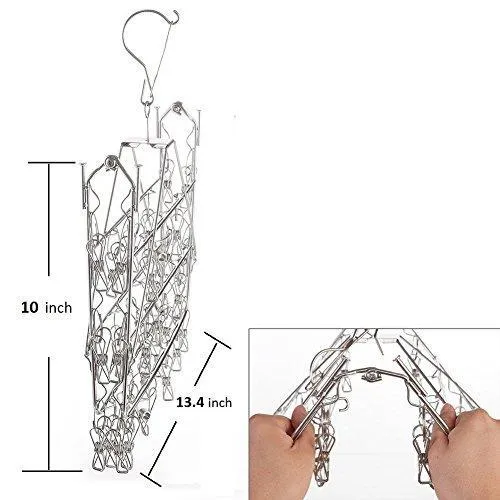 Stainless Steel Hanging Drying Rack– Collapsible Portable Clip and Drip Hanger with 32 Overstriking Wire Clothespins For Drying Clothing Towels/Diapers/ Underwear/ Socks
