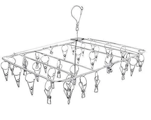 Stainless Steel Hanging Drying Rack– Collapsible Portable Clip and Drip Hanger with 32 Overstriking Wire Clothespins For Drying Clothing Towels/Diapers/ Underwear/ Socks