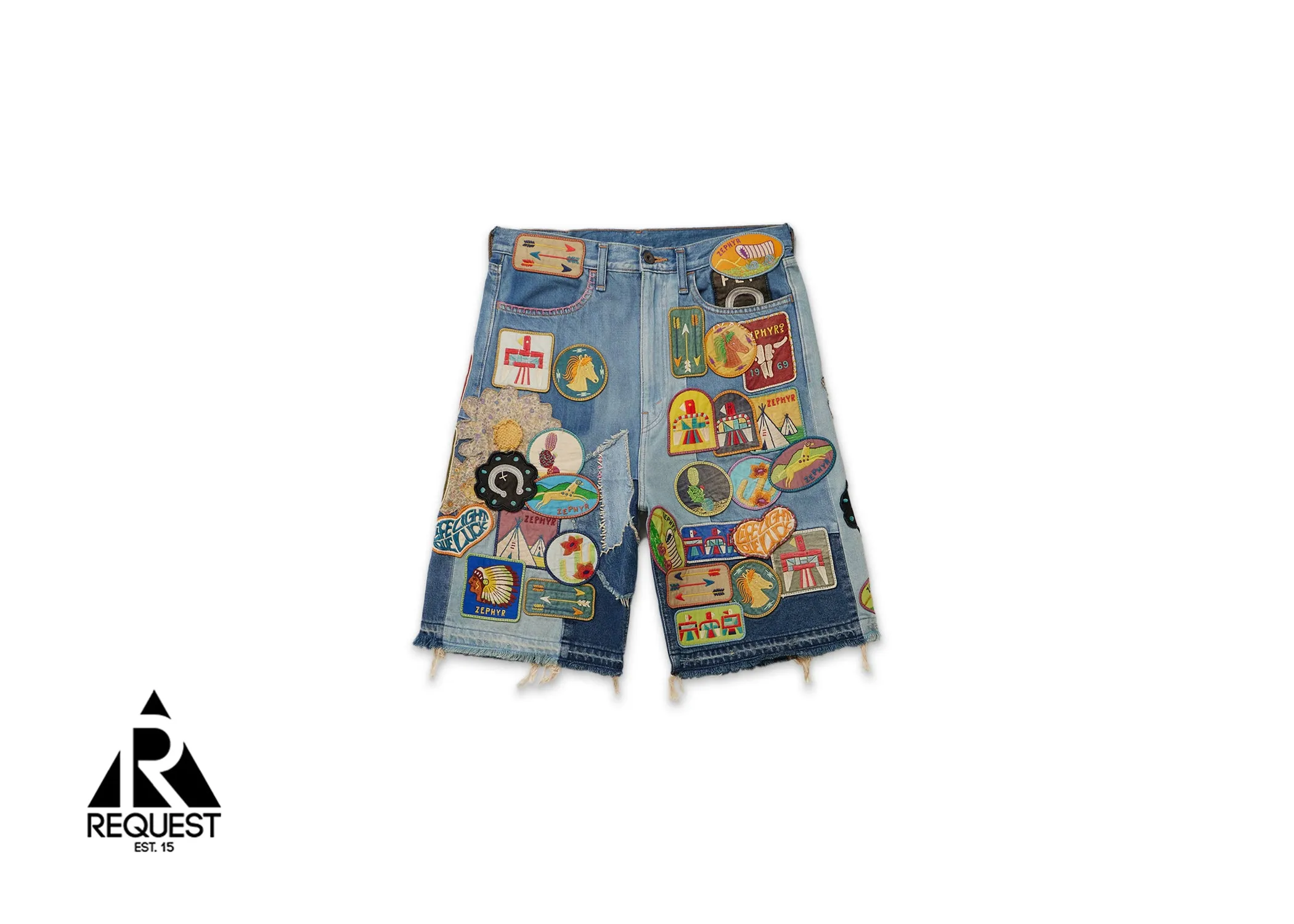 Straight Leg Appliquéd Denim Shorts "Blue"