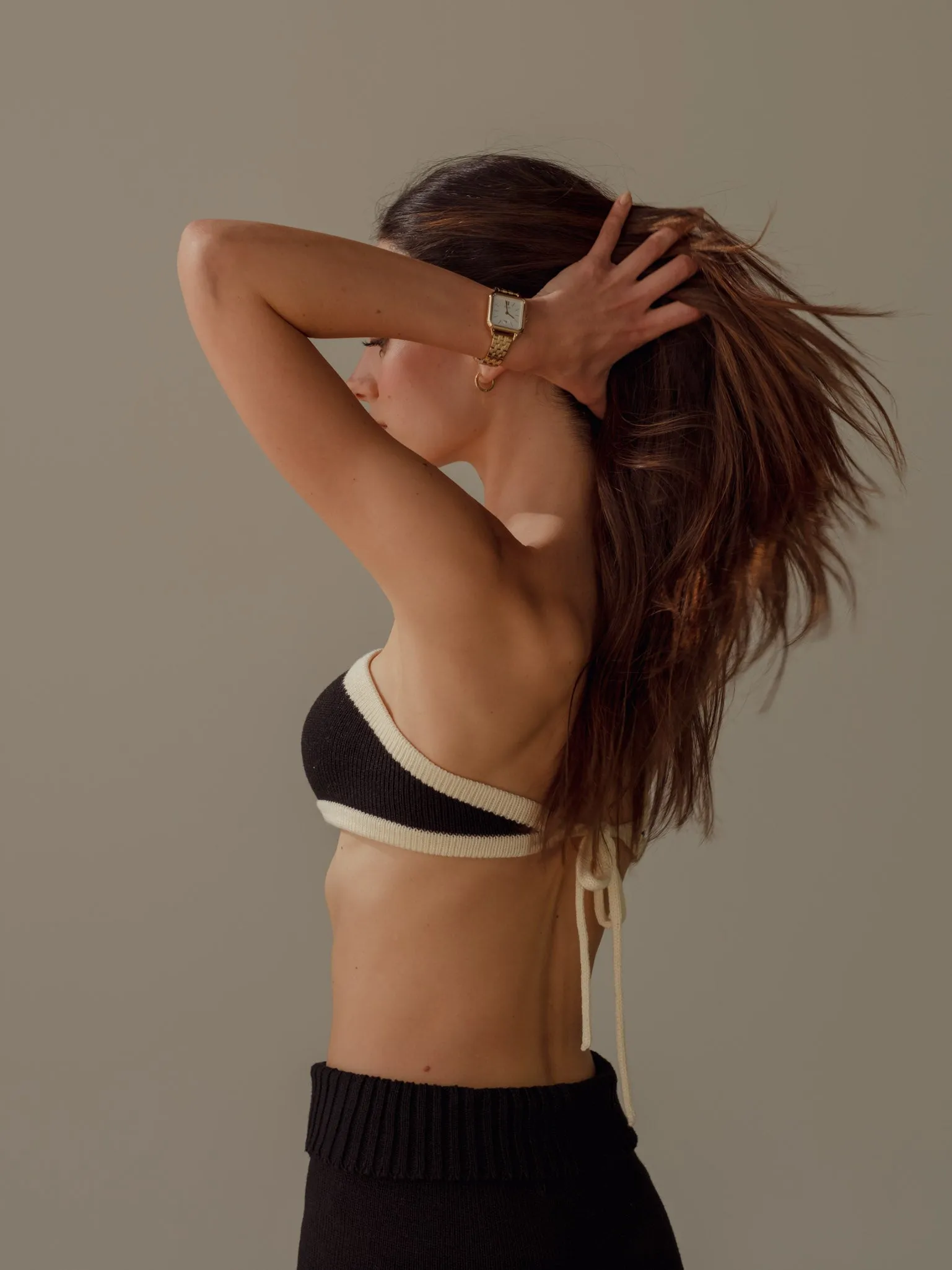STRAPLESS TIE KNIT TOP - BLACK & CREAMY