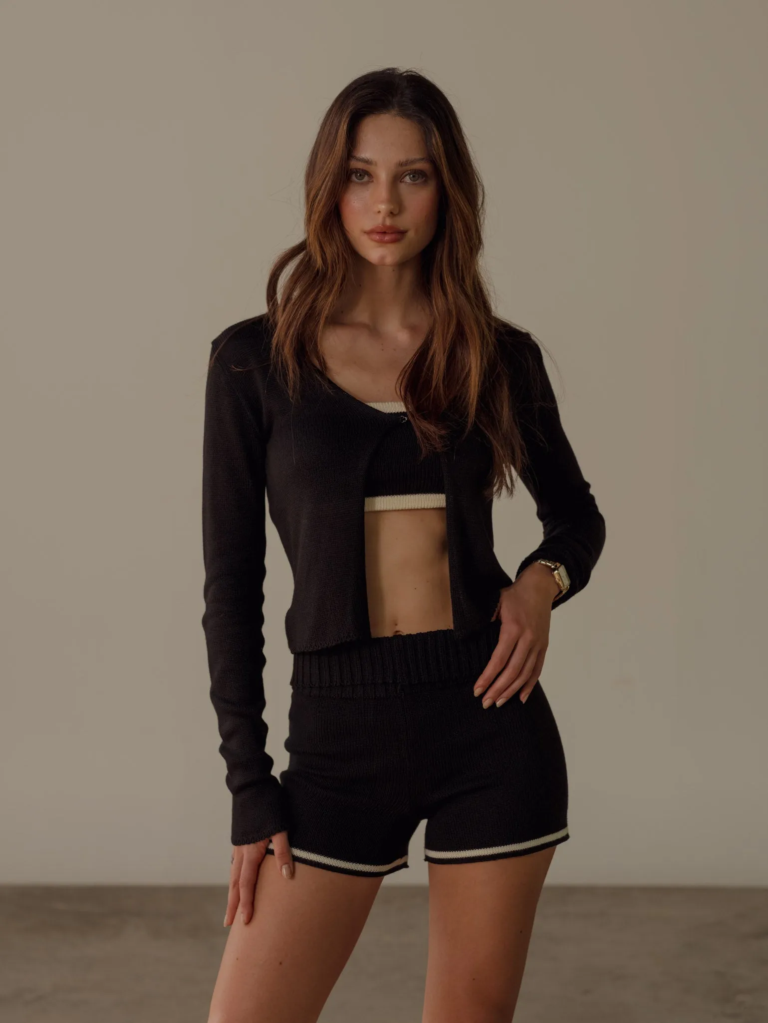 STRAPLESS TIE KNIT TOP - BLACK & CREAMY