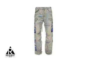 Studded Distressed Denim W/ Side Embroidery "Sky"