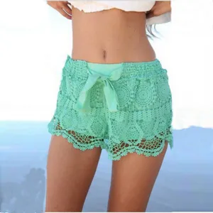Summer Style Shorts Fashion Women Casual Lace Drawstring Hollow Out Shorts Solid Beach Shorts Plus Size