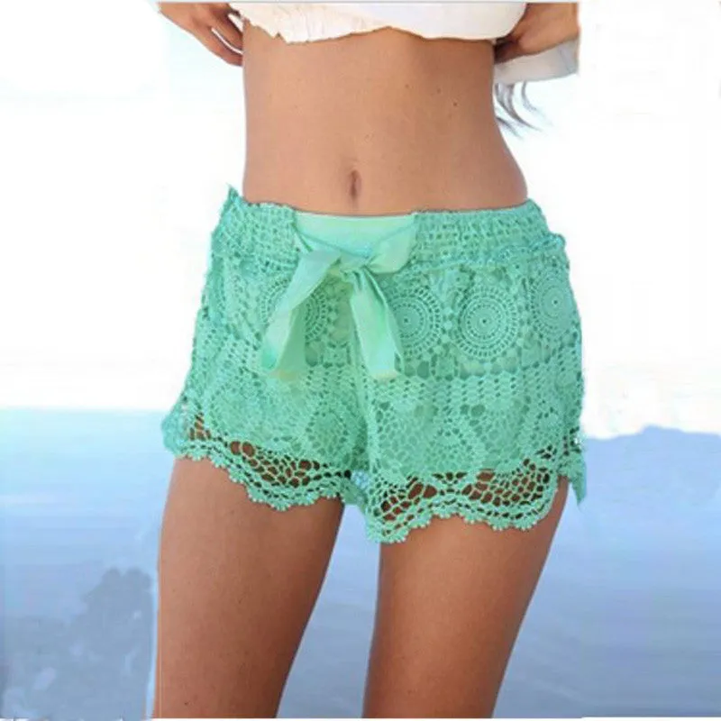 Summer Style Shorts Fashion Women Casual Lace Drawstring Hollow Out Shorts Solid Beach Shorts Plus Size