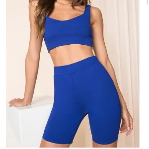 Super Down Blue Isabel Super Crop Top &amp; Biker Short Matching Cotton Set NWT XS