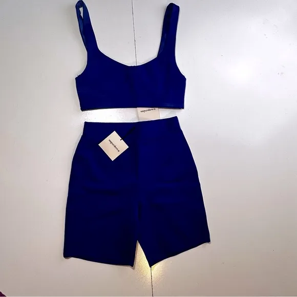 Super Down Blue Isabel Super Crop Top &amp; Biker Short Matching Cotton Set NWT XS