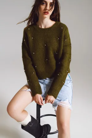 Sweater with Knitted Flowers and strass embellished in khaki