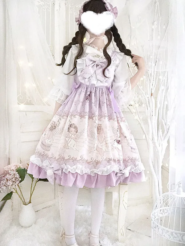 Sweet Lolita JSK Dress Lolita Printed Bows Light Sky Blue Lolita Jumper Skirts