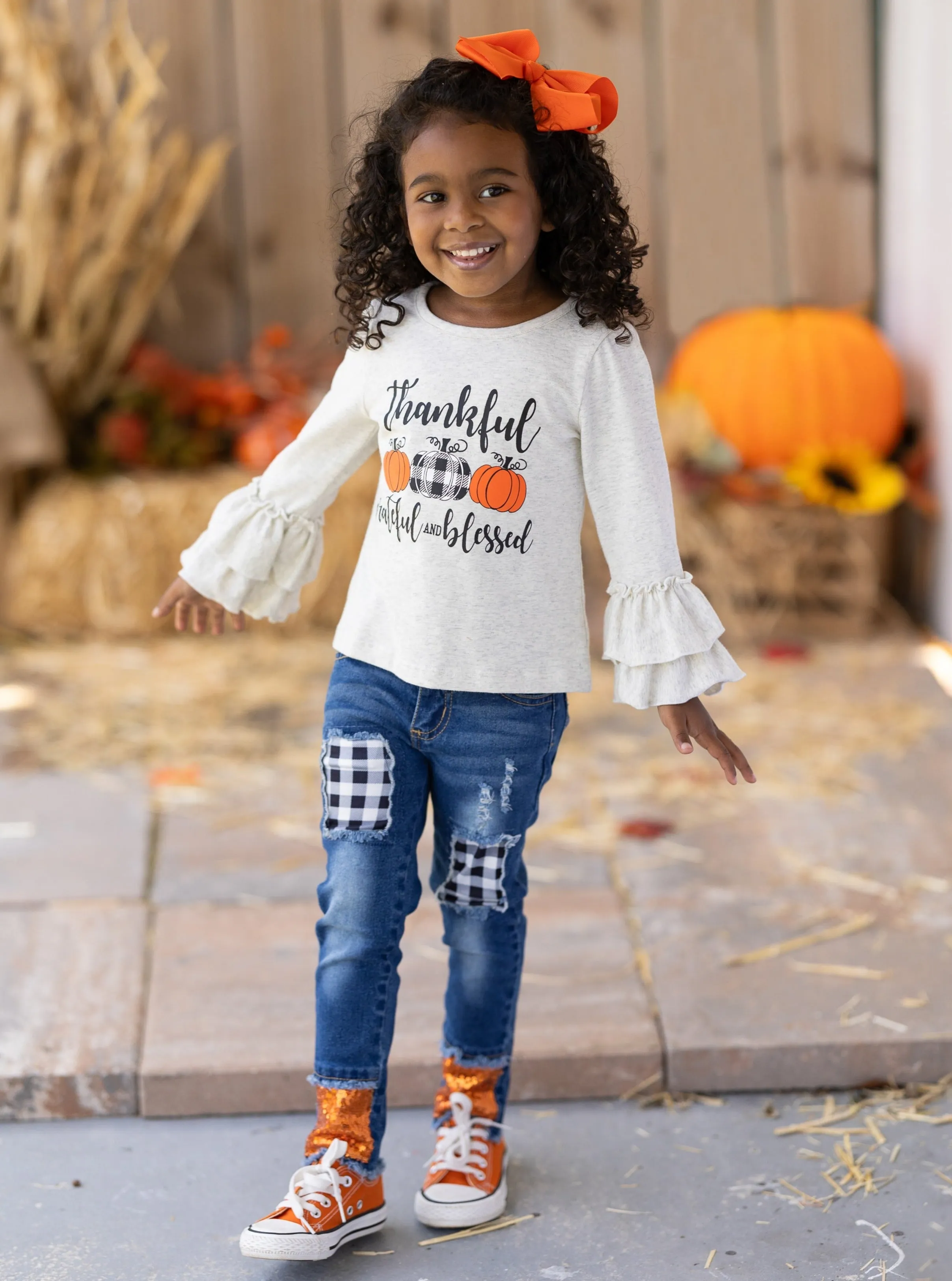 Thankful, Grateful, and Blessed Sequin Patched Jeans Set