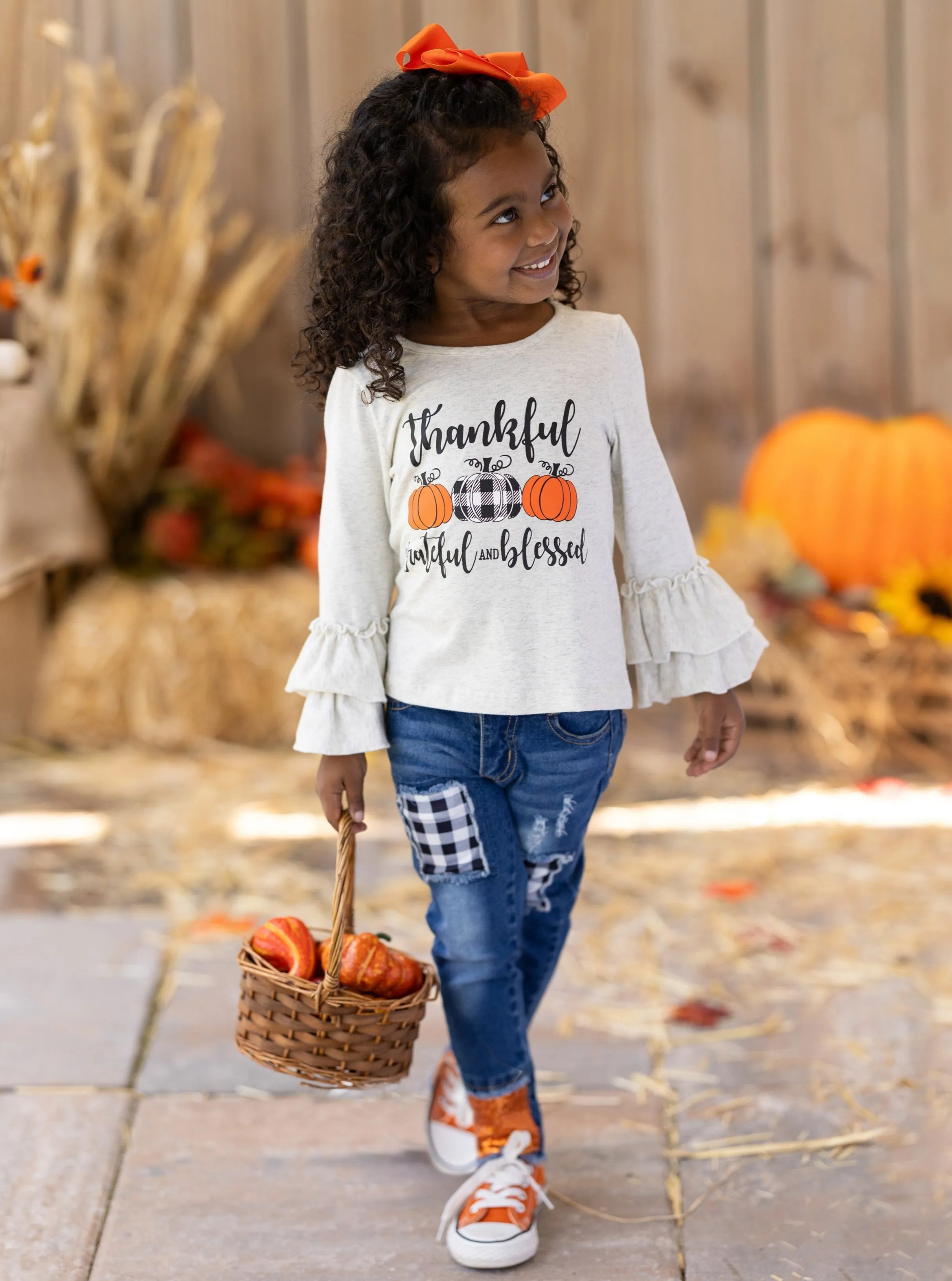 Thankful, Grateful, and Blessed Sequin Patched Jeans Set