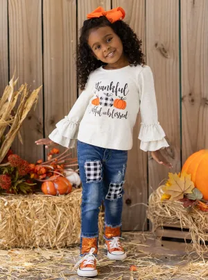 Thankful, Grateful, and Blessed Sequin Patched Jeans Set