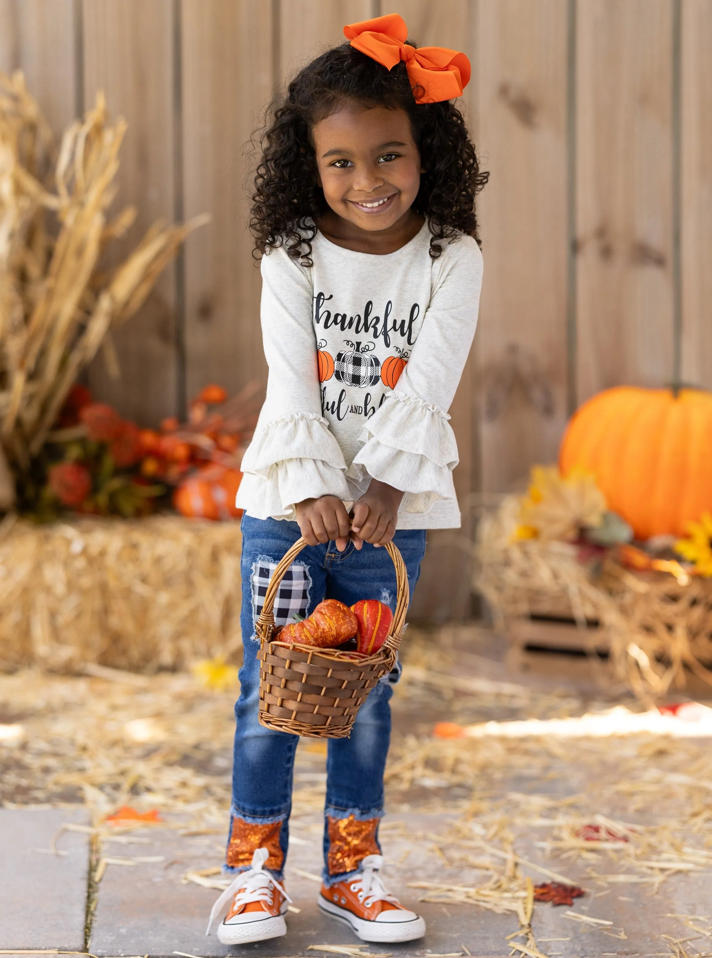 Thankful, Grateful, and Blessed Sequin Patched Jeans Set