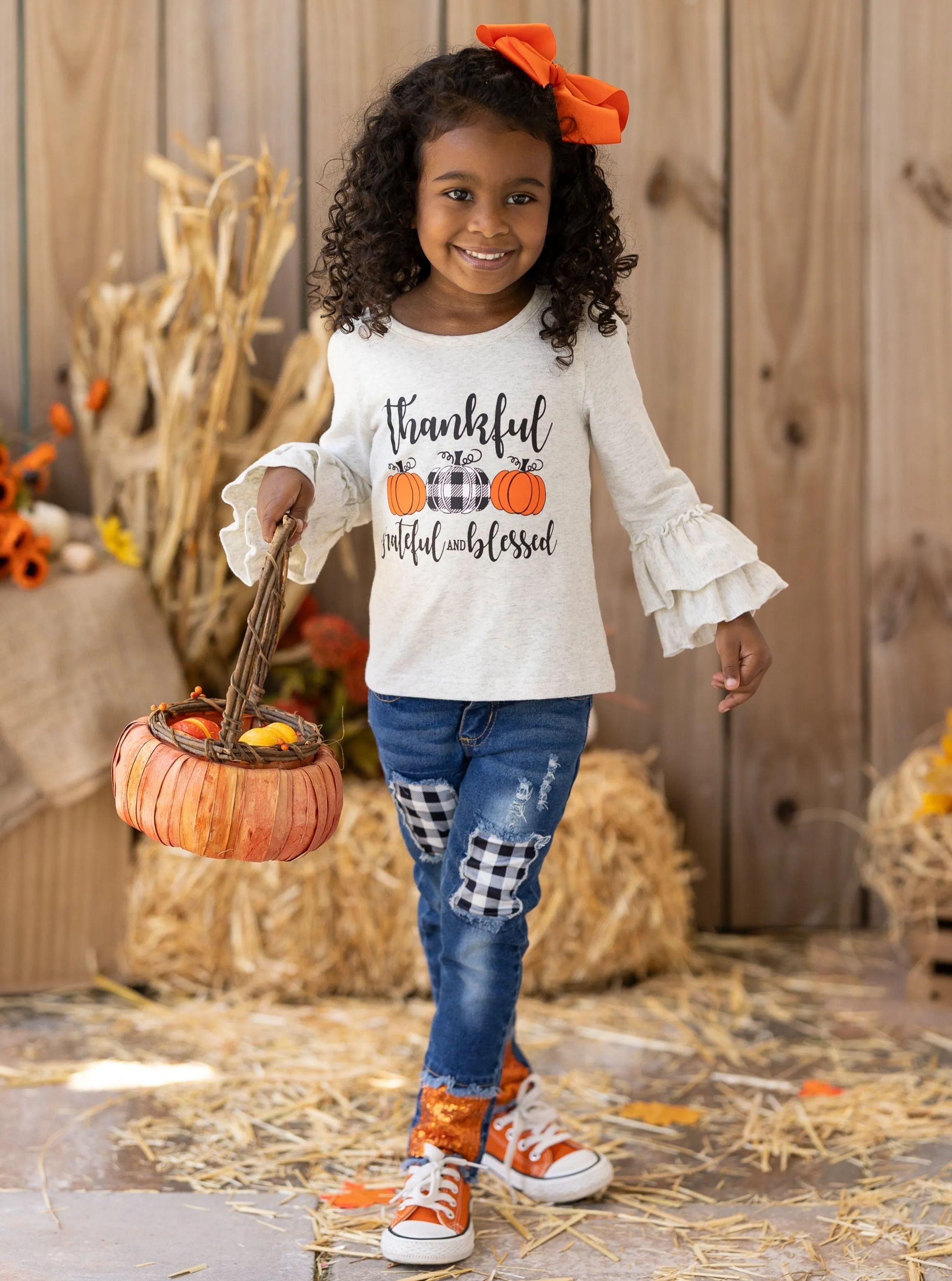 Thankful, Grateful, and Blessed Sequin Patched Jeans Set
