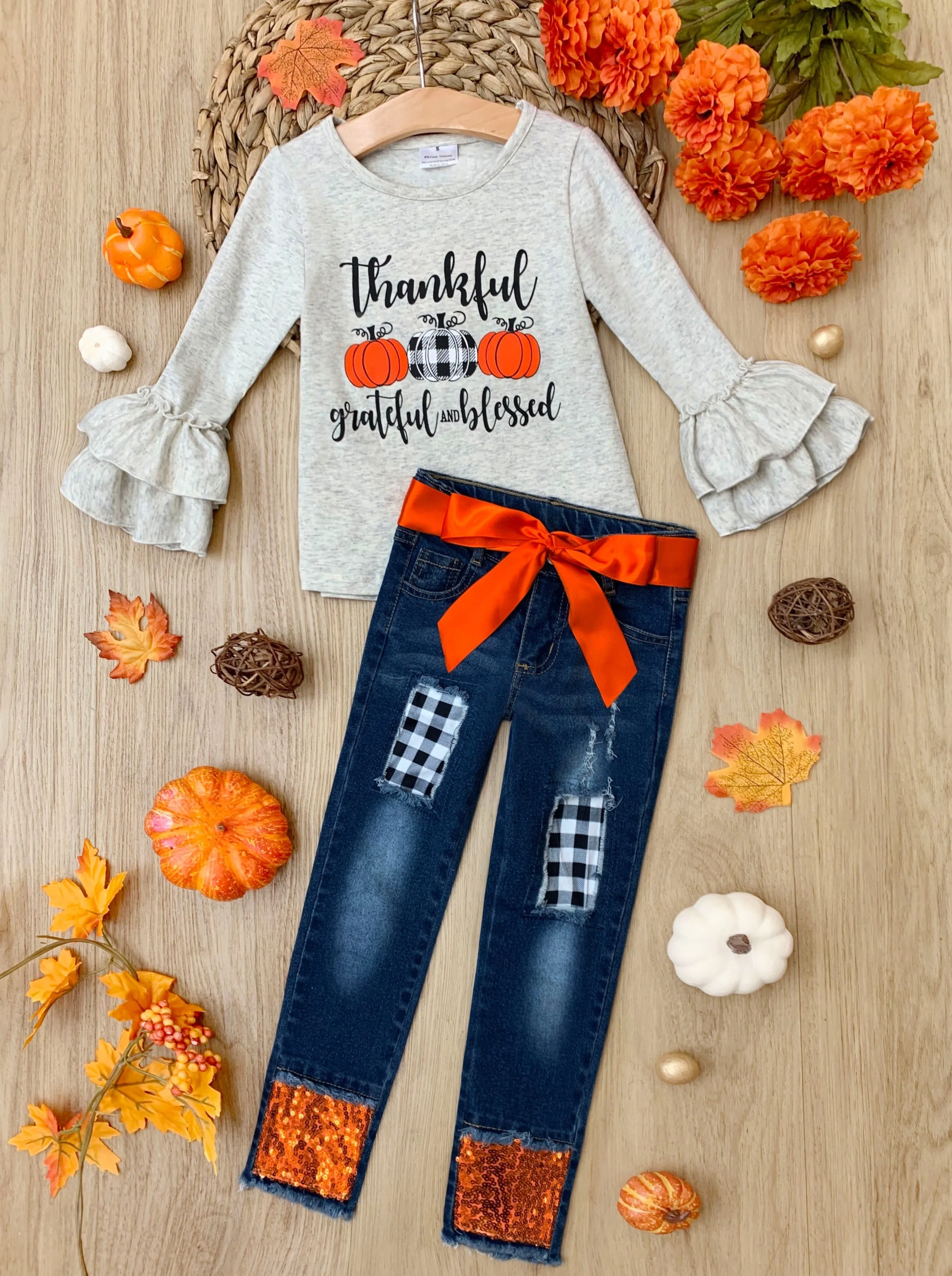 Thankful, Grateful, and Blessed Sequin Patched Jeans Set