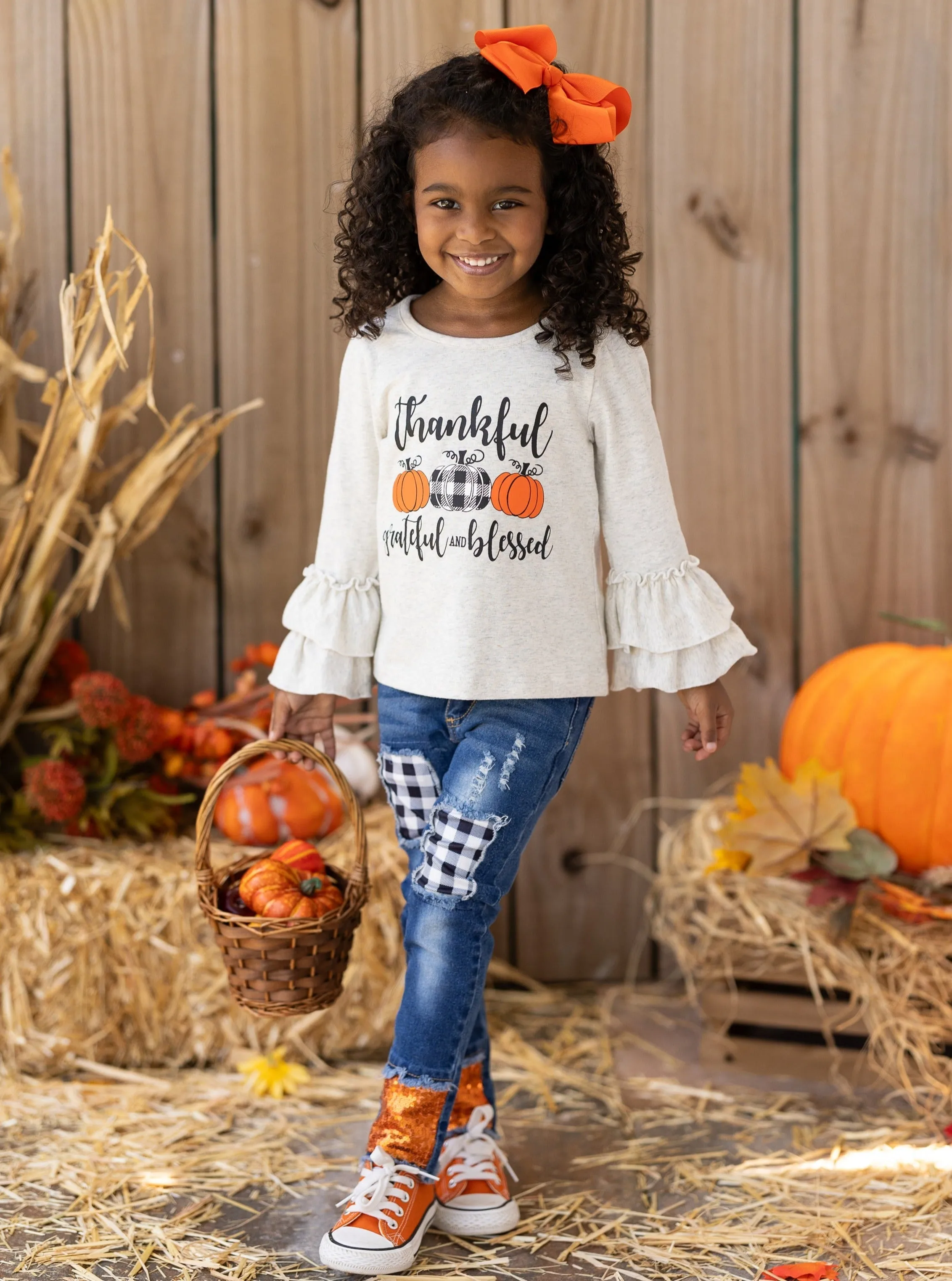 Thankful, Grateful, and Blessed Sequin Patched Jeans Set