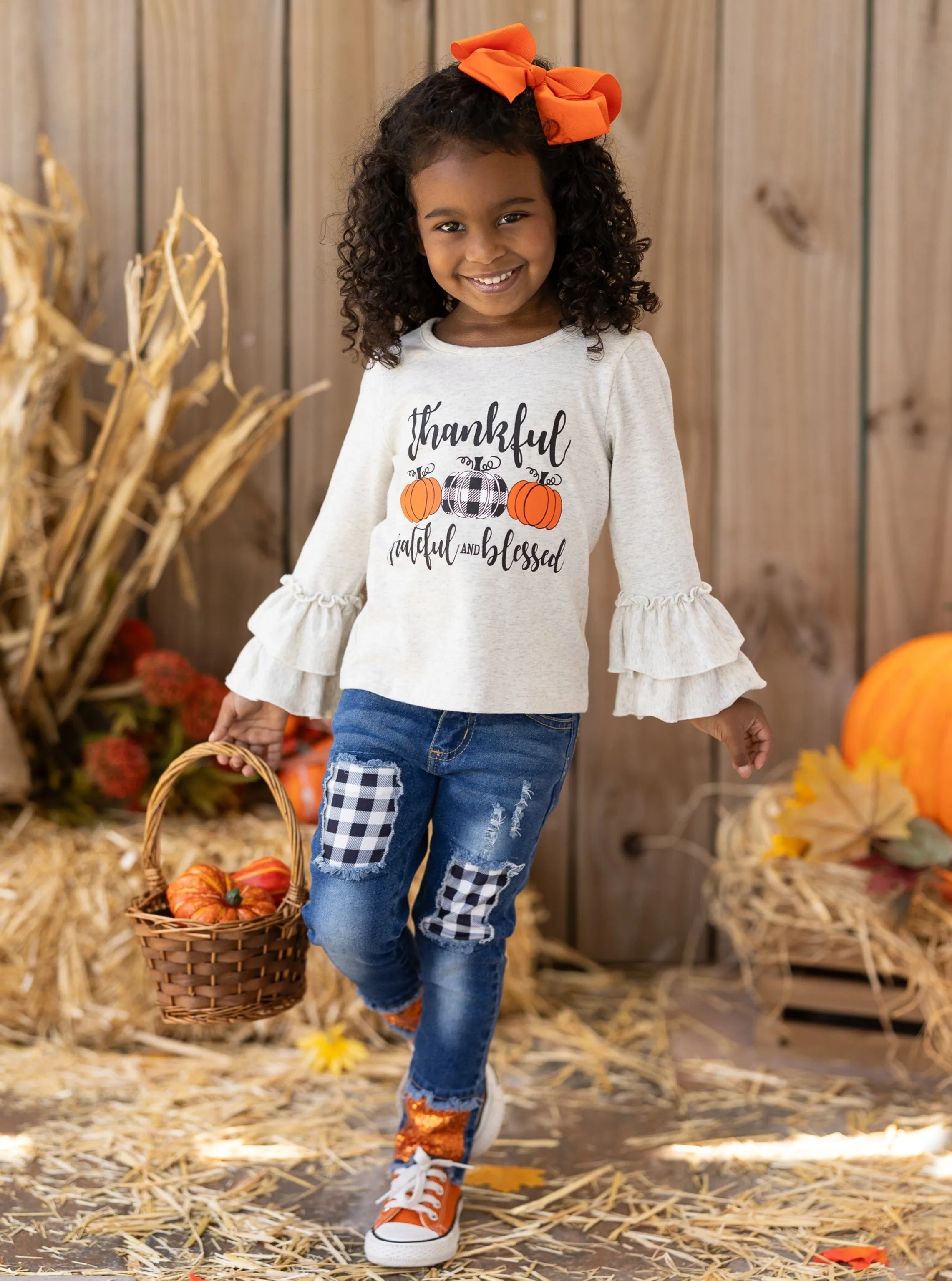 Thankful, Grateful, and Blessed Sequin Patched Jeans Set