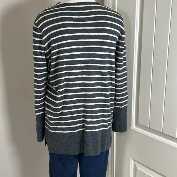 Tory Burch Tunic Sweater Merino Wool Gray Cream Crewneck Striped Slits Sz XL