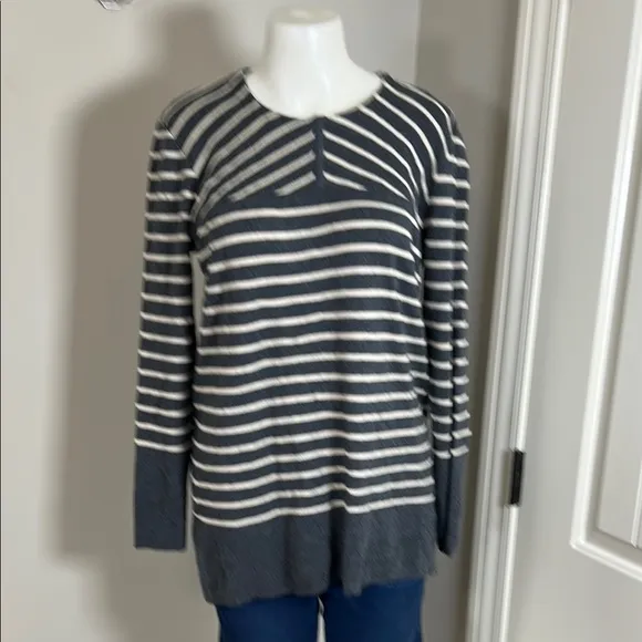 Tory Burch Tunic Sweater Merino Wool Gray Cream Crewneck Striped Slits Sz XL