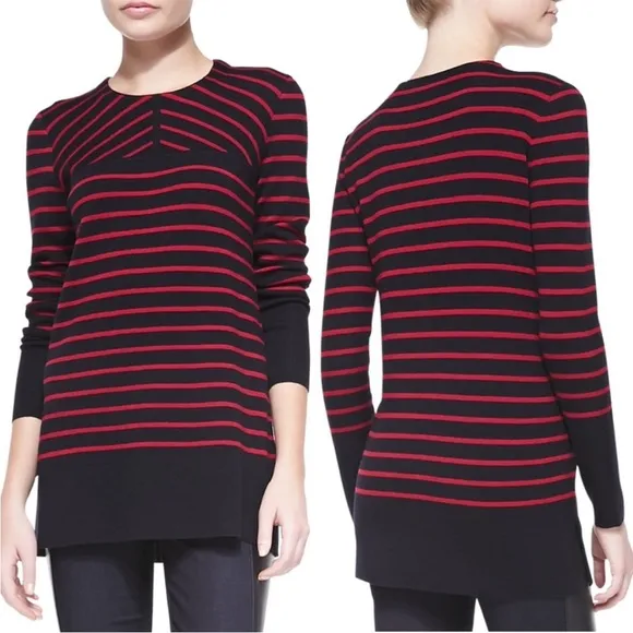 Tory Burch Tunic Sweater Merino Wool Gray Cream Crewneck Striped Slits Sz XL