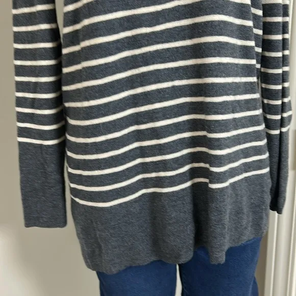 Tory Burch Tunic Sweater Merino Wool Gray Cream Crewneck Striped Slits Sz XL