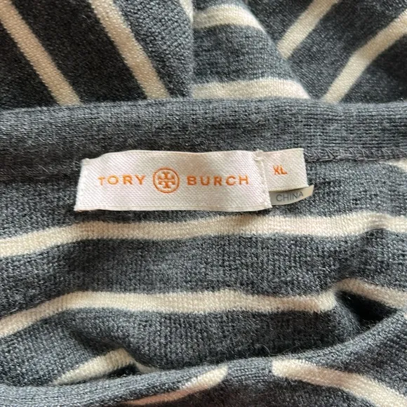 Tory Burch Tunic Sweater Merino Wool Gray Cream Crewneck Striped Slits Sz XL