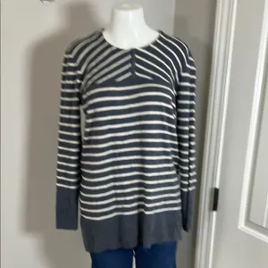 Tory Burch Tunic Sweater Merino Wool Gray Cream Crewneck Striped Slits Sz XL