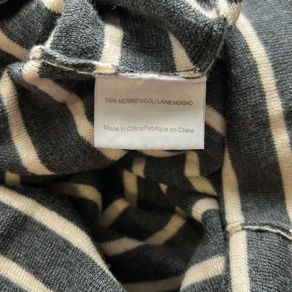 Tory Burch Tunic Sweater Merino Wool Gray Cream Crewneck Striped Slits Sz XL