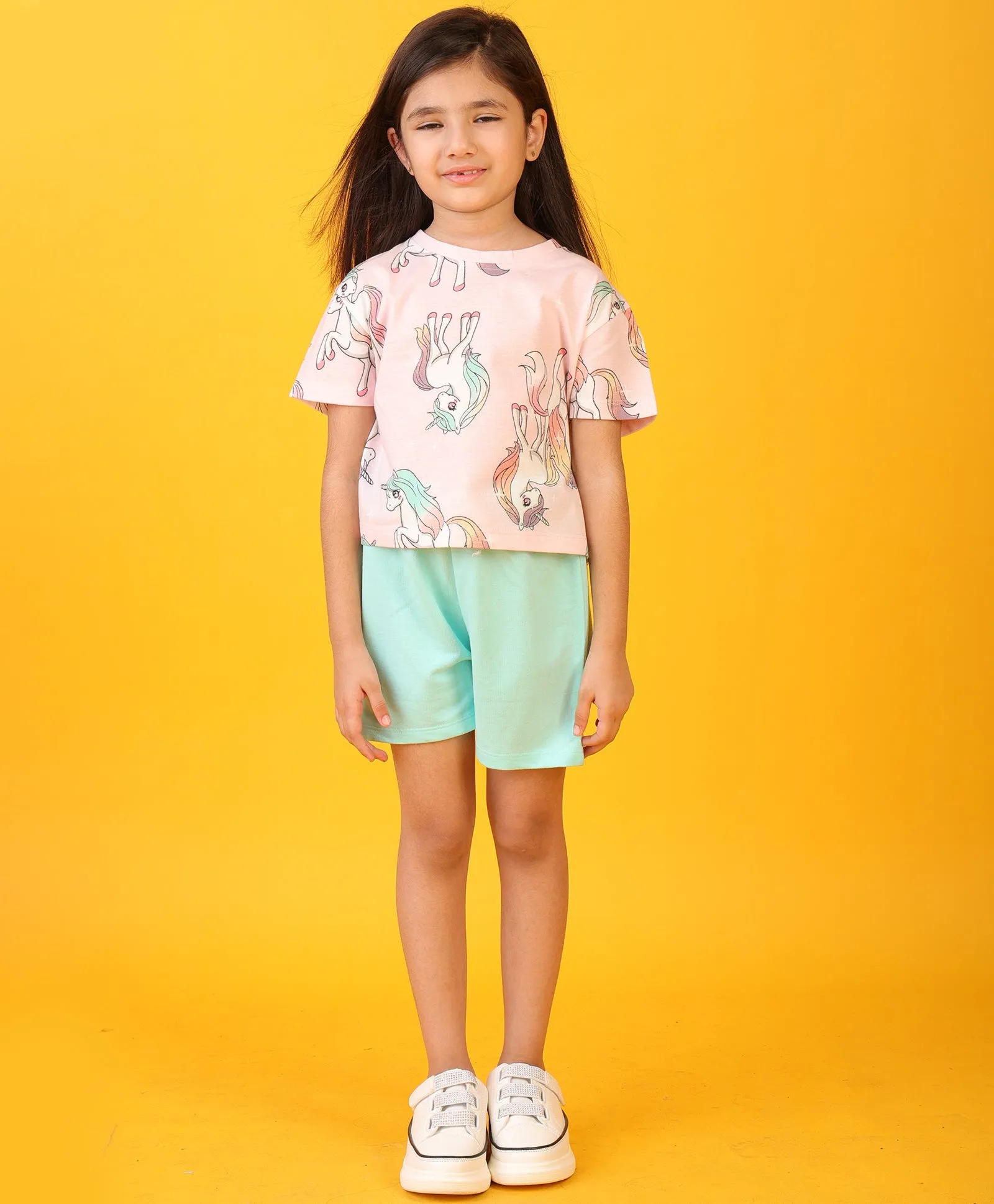 UNICORN STAR AQUA GIRLS SHORTS SET - PINK/AQUA