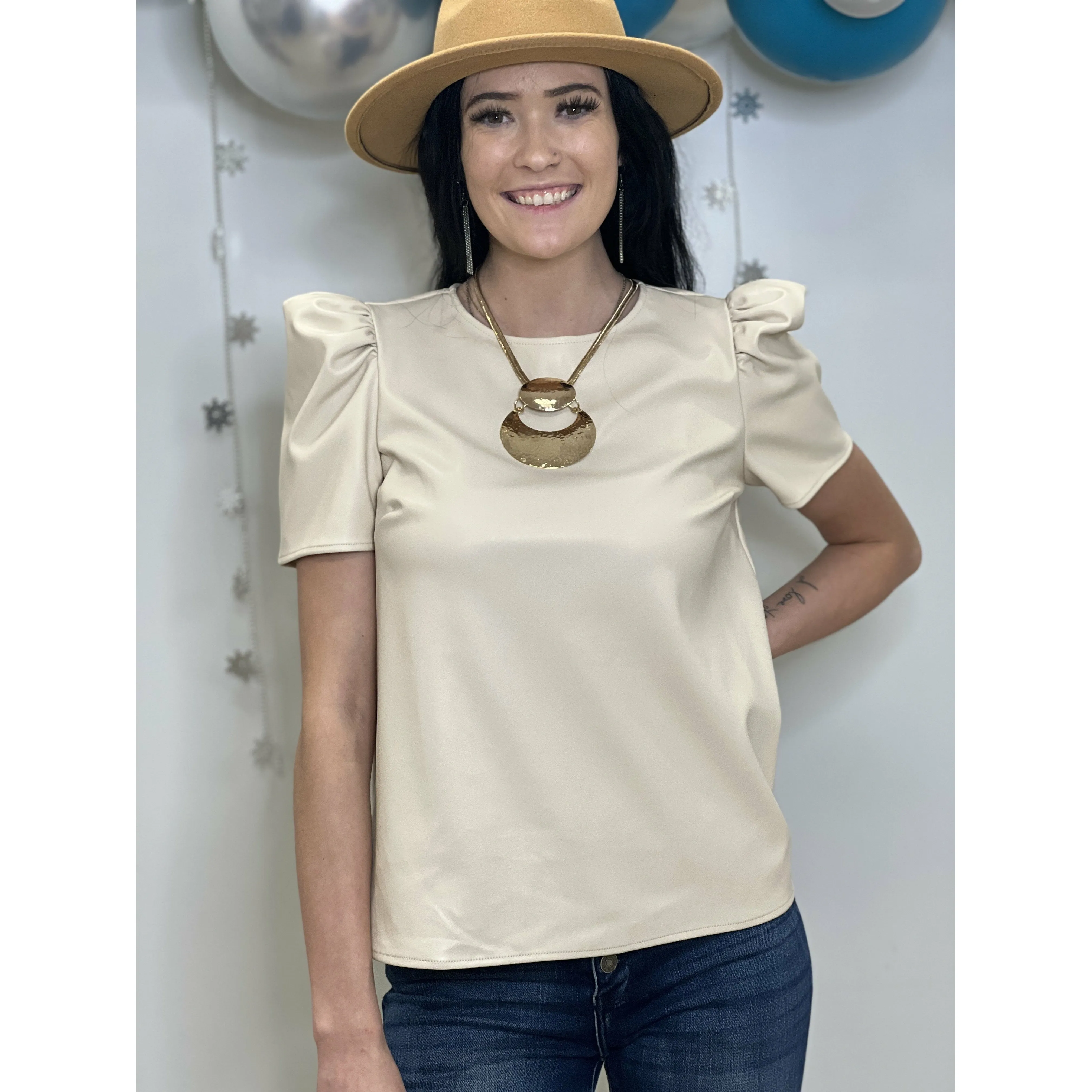 Vegan Leather Short Sleeve Top