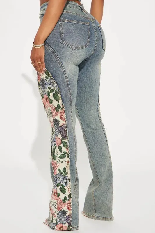 Vintage-Inspired High-Waist Denim Bell Bottoms with Floral Patchwork