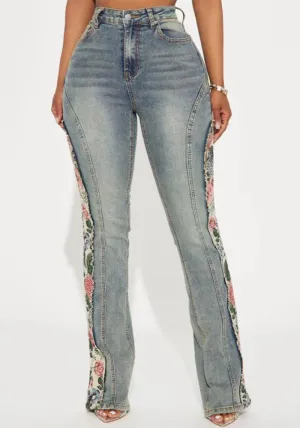 Vintage-Inspired High-Waist Denim Bell Bottoms with Floral Patchwork