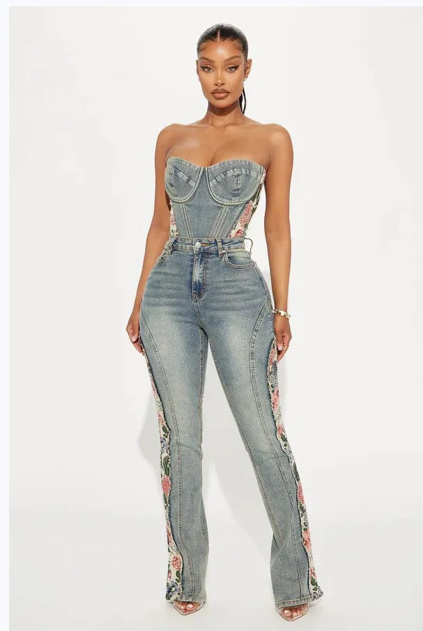 Vintage-Inspired High-Waist Denim Bell Bottoms with Floral Patchwork