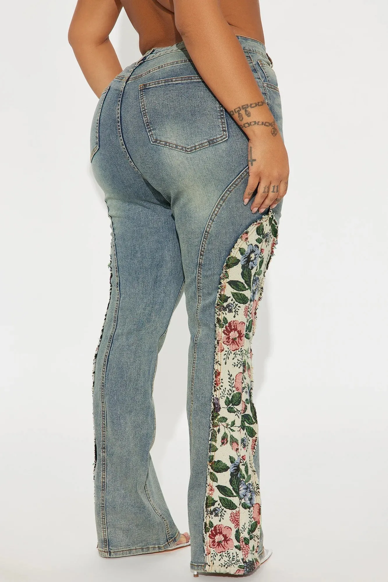 Vintage-Inspired High-Waist Denim Bell Bottoms with Floral Patchwork